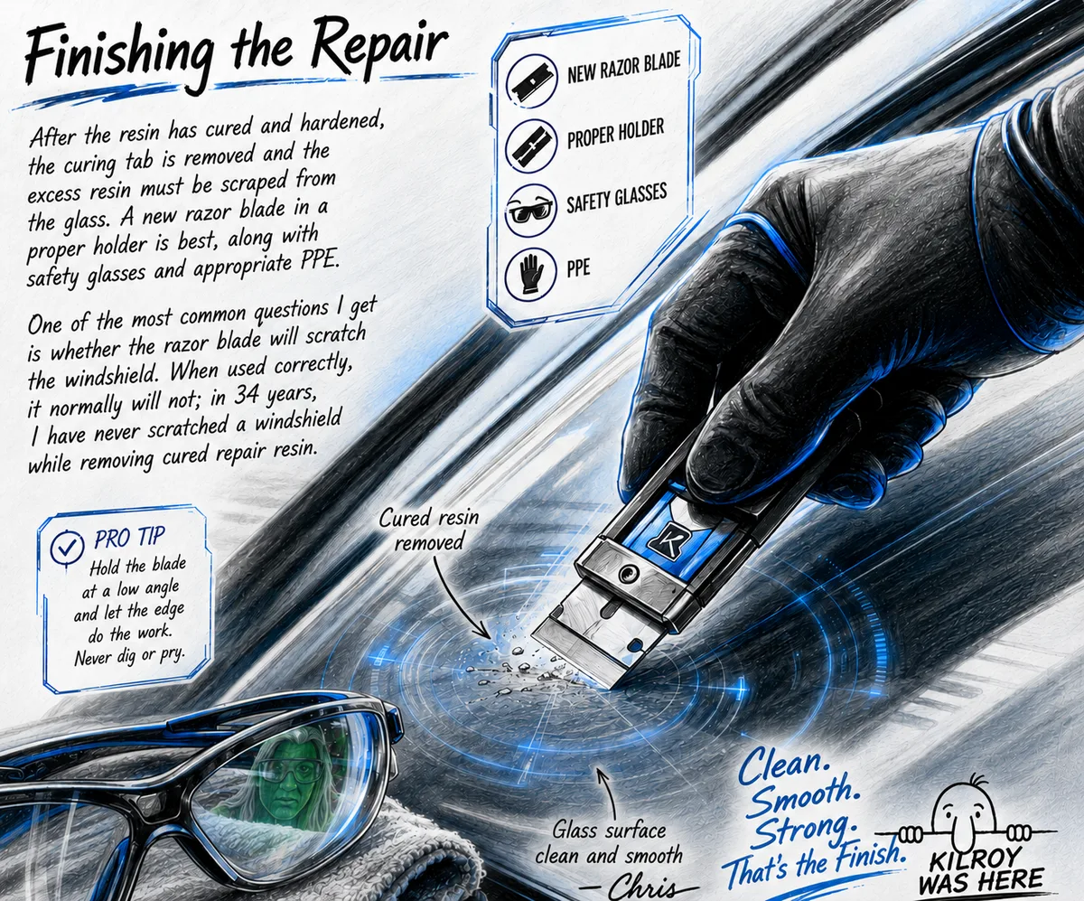 Finishing a professional windshield rock chip repair