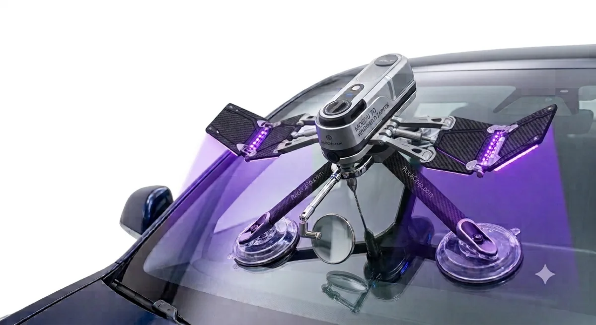 Professional windshield rock chip repair tool mounted on a windshield